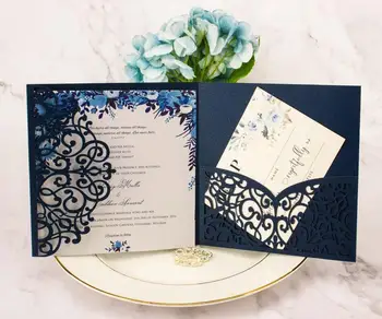 

Free Shipping 1pcs blush Pink Silver Laser Cut tri-fold Wedding Invitation Cards Kit Personalized Pocket Invite Customized RSVP