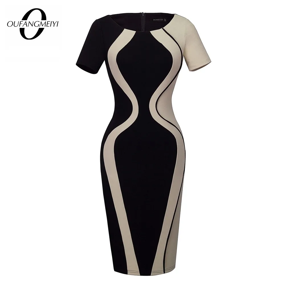 Cena Damska koszulka w stylu casual, letnia, kontrastowa z krótkim rękawem, biznesowa sukienka ołówkowa, patchworkowe sukienki z okrągłym dekoltem B315