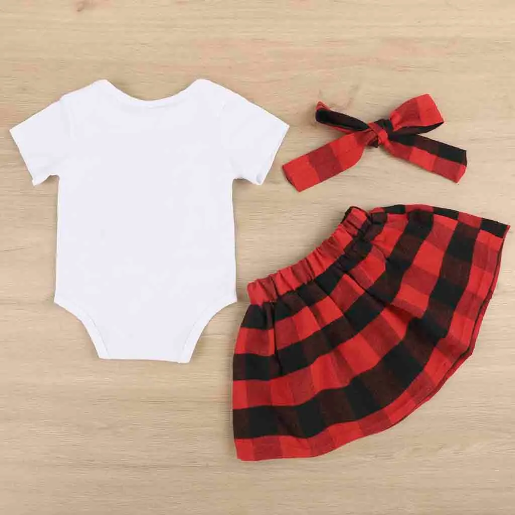romper baby christmas dress Infant Baby Girls Christmas Letter Romper+fashion Plaid Skirt+Bow Hairband Outfits newborn clothes