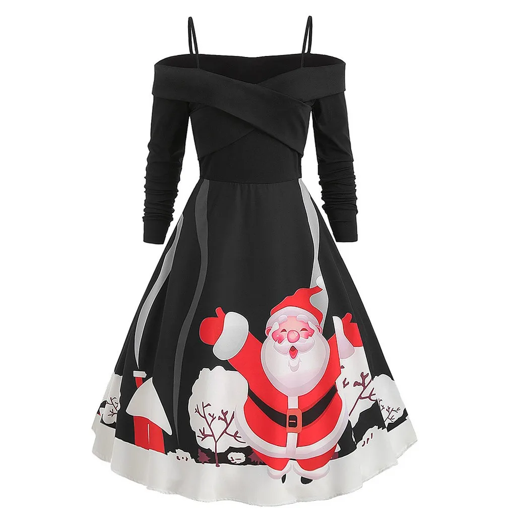 Модное женское рождественское платье, рождественское платье с принтом, платье на бретельках с открытыми плечами на молнии, праздничное платье Хепберн, vestidos - Цвет: Black B