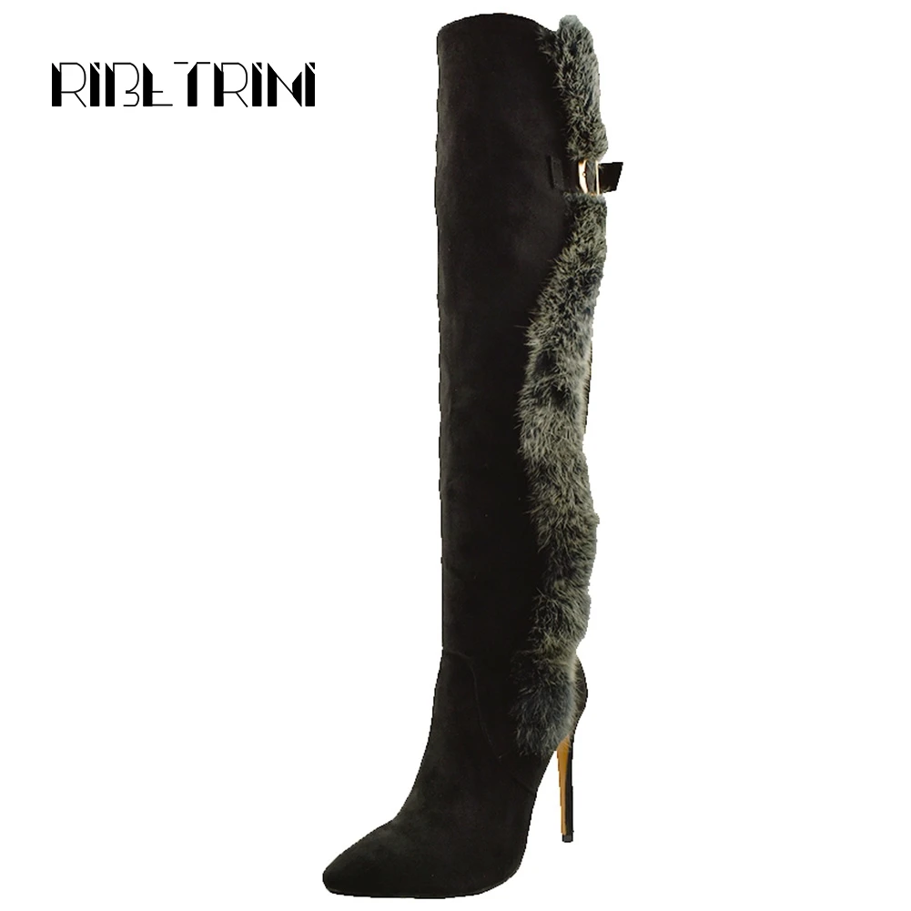 

RIBETRINI Rabbit Fur Knee Boots For Women Sexy Stiletto High Heeled Shoes Woman Pointed Toe Faux Suede Party Fashion Boots