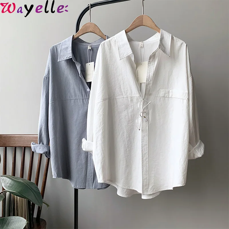 Vintage White Women Tops and Blouses 2022 Korean Style Loose Long Sleeve Women Shirts Elegant Basic Office Wear Women Blouses