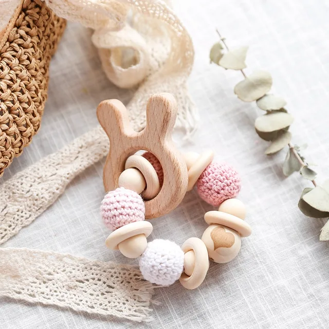 1PC Wooden Teether Cartoon Animal Baby Bracelet Crochet Beads Wood Crafts Ring Engraved Beads Baby Teether Wooden Toys Product 6