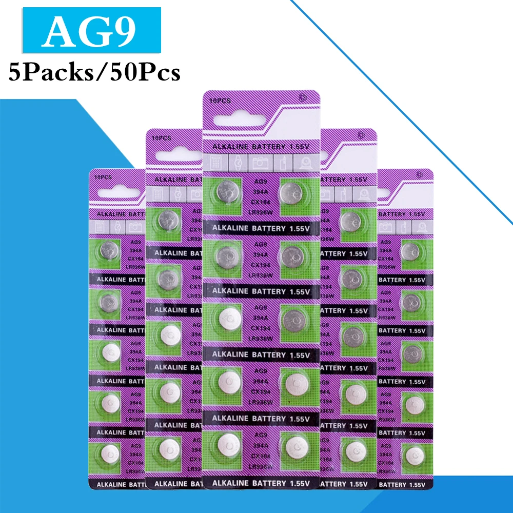 

50PCS/ 5 Pack AG9 LR936 394 Button Batteries SR936 194 Cell Coin Alkaline Battery 1.55V SR936SW CX194 For Watch Toys Remote