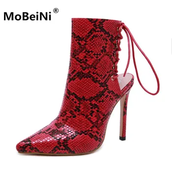 

Mobeini 2019 New arrival big size 35-40 Women high heels Pointed Toe Snake Pattern Female Shoes Lace up Sexy ankle boots Woman