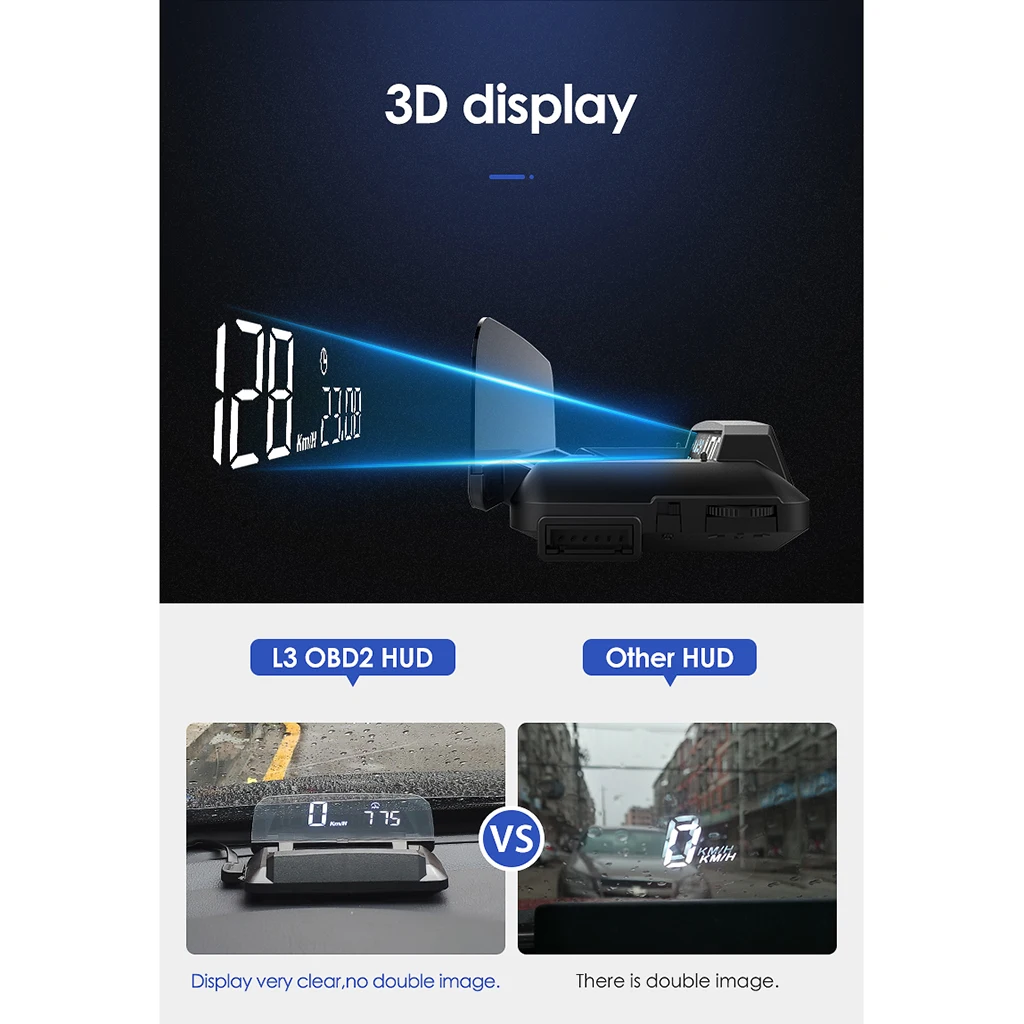 5'' Car HUD 3D Head-Up Display Overspeed/Voltage/RPM Warning Windshield Projector Security Alarm System Universal Auto OBD2 MPH