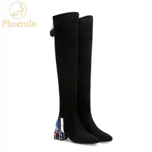 Phoentin oro stivali alti al ginocchio stivali da cowboy occidentale 2021 di alta-scarpe col tacco alto cunei di avvio di inverno a punta scarpe da donna 44 size FT1092