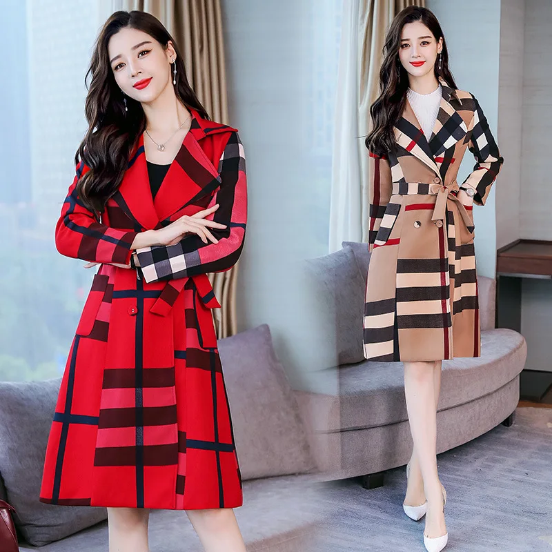 

2019 Autumn WOMEN'S Dress Korean-style Trend of Fashion Pattern Mid-length Trench Coat Fold-down Collar Long Sleeve Double Breas