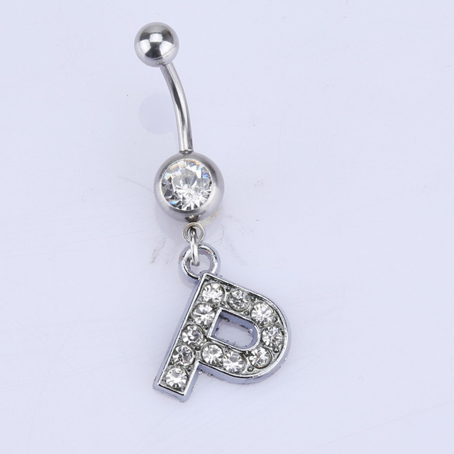 26 letter style Charming Body Piercing Crystal Rhinestone Inlaid Navel Belly Button Ring stainless steel jewelry