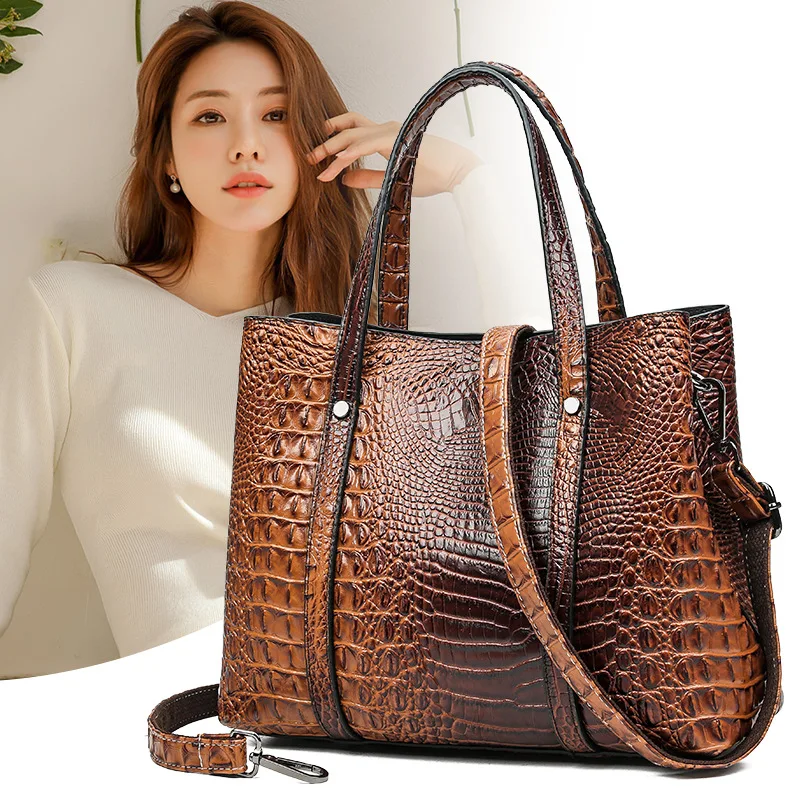 

2019 Winter New Style Europe And America Fashion Crocodile Pattern Shoulder Bag Women's Luxury PU Leather Middle-aged Vintage Ha