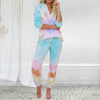 

SFIT 2020 Summer Tie Dye Printed Women Pajamas Long Sleeve Tops And Long Pants Hooded Set Nightwear Fashion Casual Sleepwear