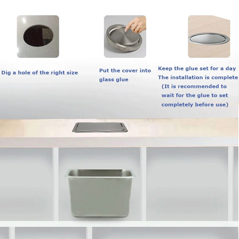 Stainless Steel Flush Recessed Built-in Balance Swing Flap Lid Cover Trash Bin Garbage Can Kitchen Counter Top