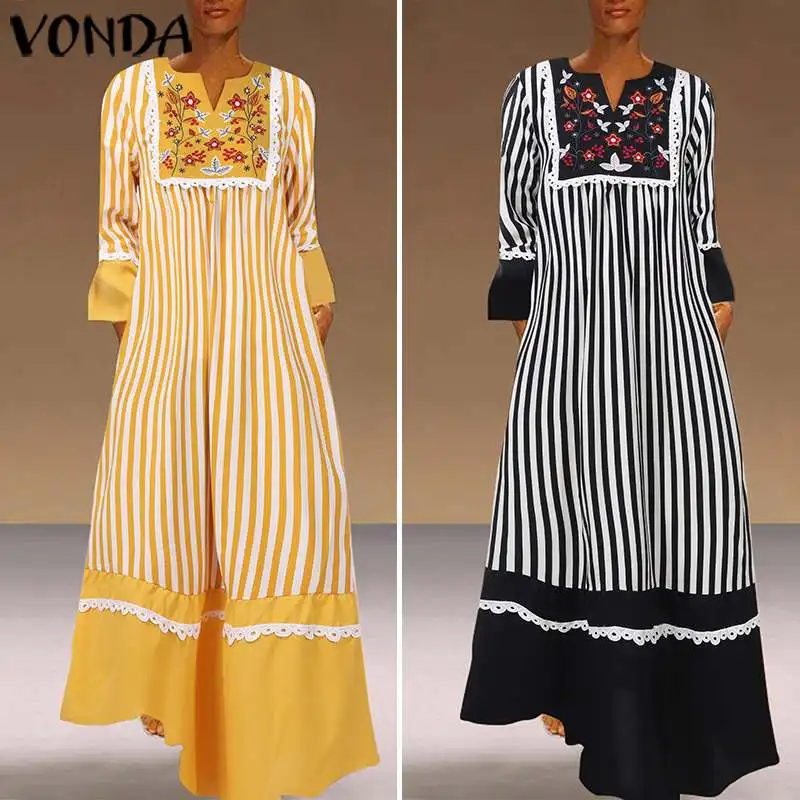 VONDA платье для беременных, женские длинные платья с цветочным принтом, элегантные вечерние платья в полоску в стиле пэчворк, богемные платья больших размеров