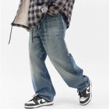 

Rpped Hole Washed Distressed Jeans Men American Style Loose Zipper Wide Leg Pants Fashion Casual Straight Long Pants Plus Size