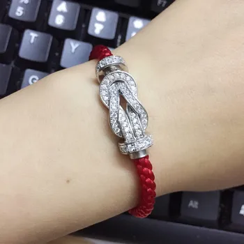 

Hot real silver zircon horseshoe bracelet red rope cz lucky 8 bracelets for women men france brand jewelry custom size