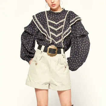 

corset top blouse femme 2020 Autumn Stand Collar Long Sleeve Lace Patchwork Floral Printed Women Shirt blusa de mujer