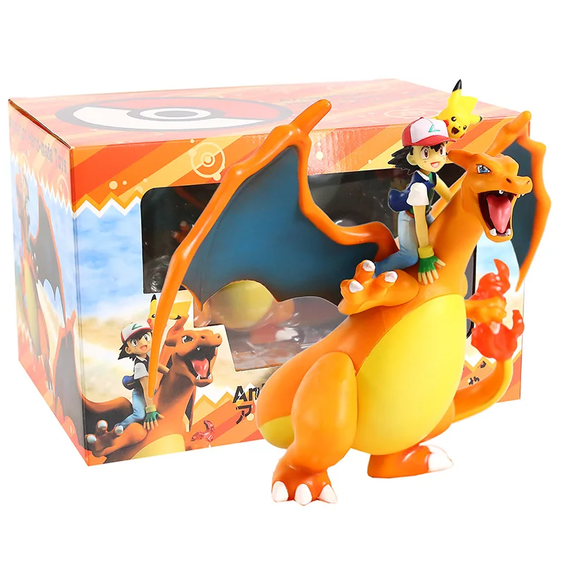 Аниме Монстры пепел Кетчум Сатоши езда на Charizard ПВХ фигурка Коллекционная модель игрушки - Цвет: box