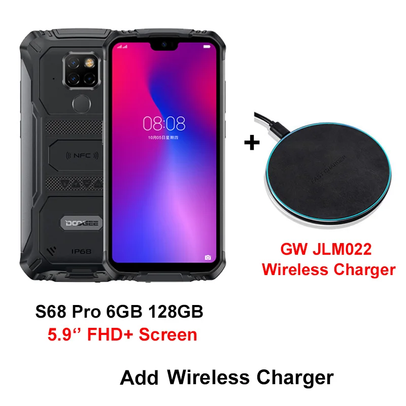 IP68 Водонепроницаемый DOOGEE S68 Pro Прочный телефон 6GB 128GB Helio P70 21MP+ 8MP+ 8MP NFC 6300mAh 5,9 дюймов FHD 12 V/2A зарядка смартфон - Цвет: Add Charger