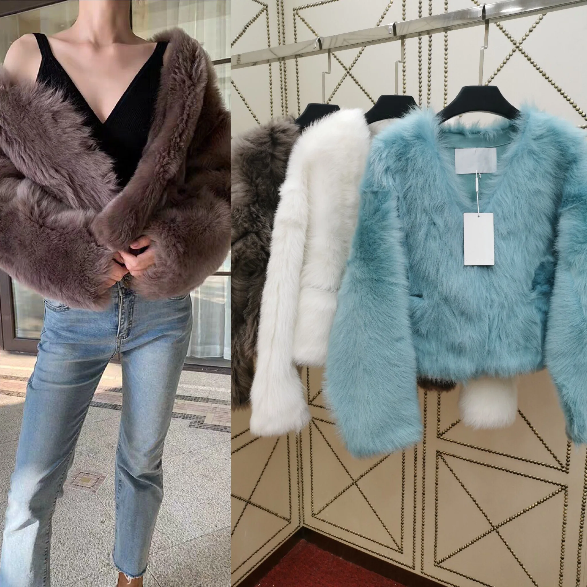 2010 New Arrival Spring Clothes Women High Quality Wool Sheepskin White Brown Turquoise Jacket Fashion V Neck Thick Fur Coat