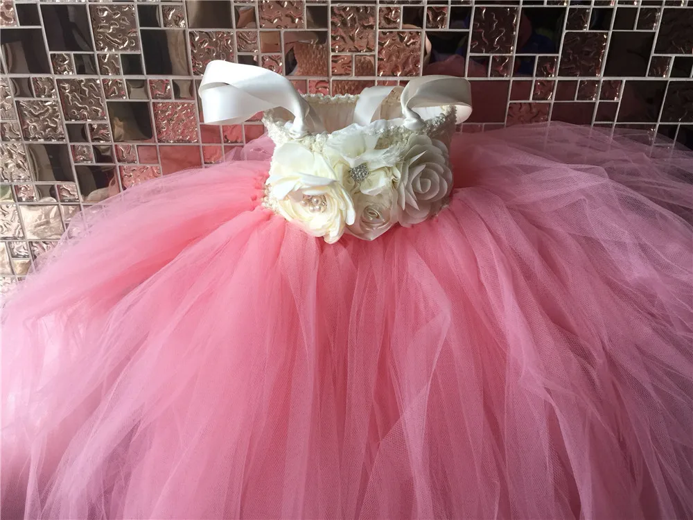 Girls Pink Flower Vintage Dress Kids Tulle Tutu Ball Gown with Underneath Straps Children Birthday Party Costume Dresses | Детская
