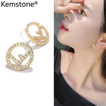 

Kemstone Letter Gold Silver Color Cubic Zirconia Letter Round Copper Stud Earrings Jewelry Gift for Women Female