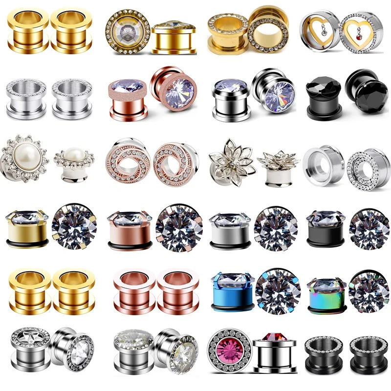 2PCS Stainless Steel Flower Ear Plugs Gauge Earring Zircon Reamer Ear