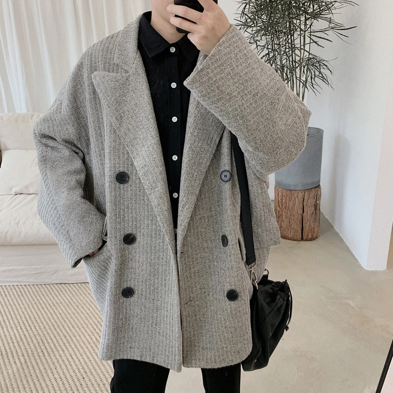 

Winter New Woolen Coat Men Warm Fashion Solid Color Casual British Wind Coat Man Streetwear Wild Loose Long Jacket Windbreaker