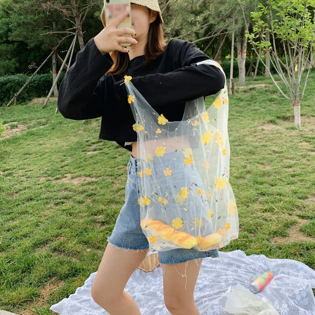 2020 Casual Tote Flower Embroidery Handbags for Women Transparent Mesh Shopper Bag Lady Hand Bags Bolsos Mujer Sac A Main Femme