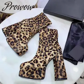 

Prowow New Genuine Leather Leopard Printed Sexy Platform HIgh Heel Boots Zip Side Thick Heel High Heel Boots Winter
