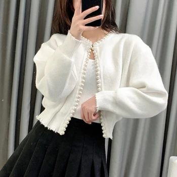 

Spring New Knitted Cardigan Round Neck Pearl Border Retro Knitted Sweater Long-sleeved Cardigan Sweater Fashion Women Pullover