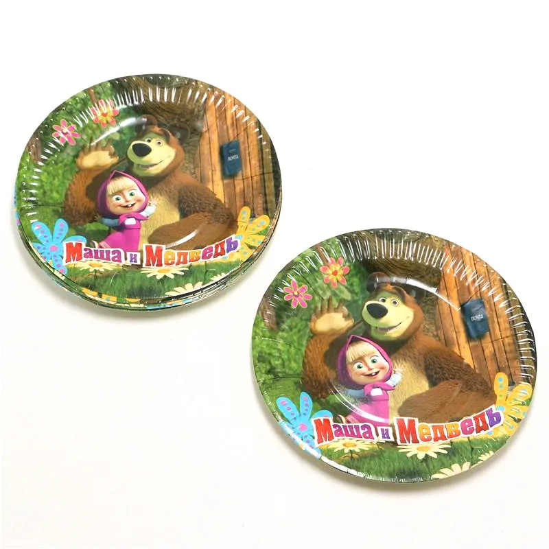 Masha And Bear Theme Cartoon Kid Birthday Party Decoration Cup Plates Straw Family Party for Various Party Supplies 60Pcs/30Pcs