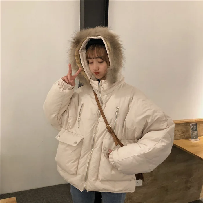 

New Style Photo Shoot Net Price ~ Korean-style Loose-Fit Genuine Fur Collar Large Pocket Thick Bread Cotton Coat