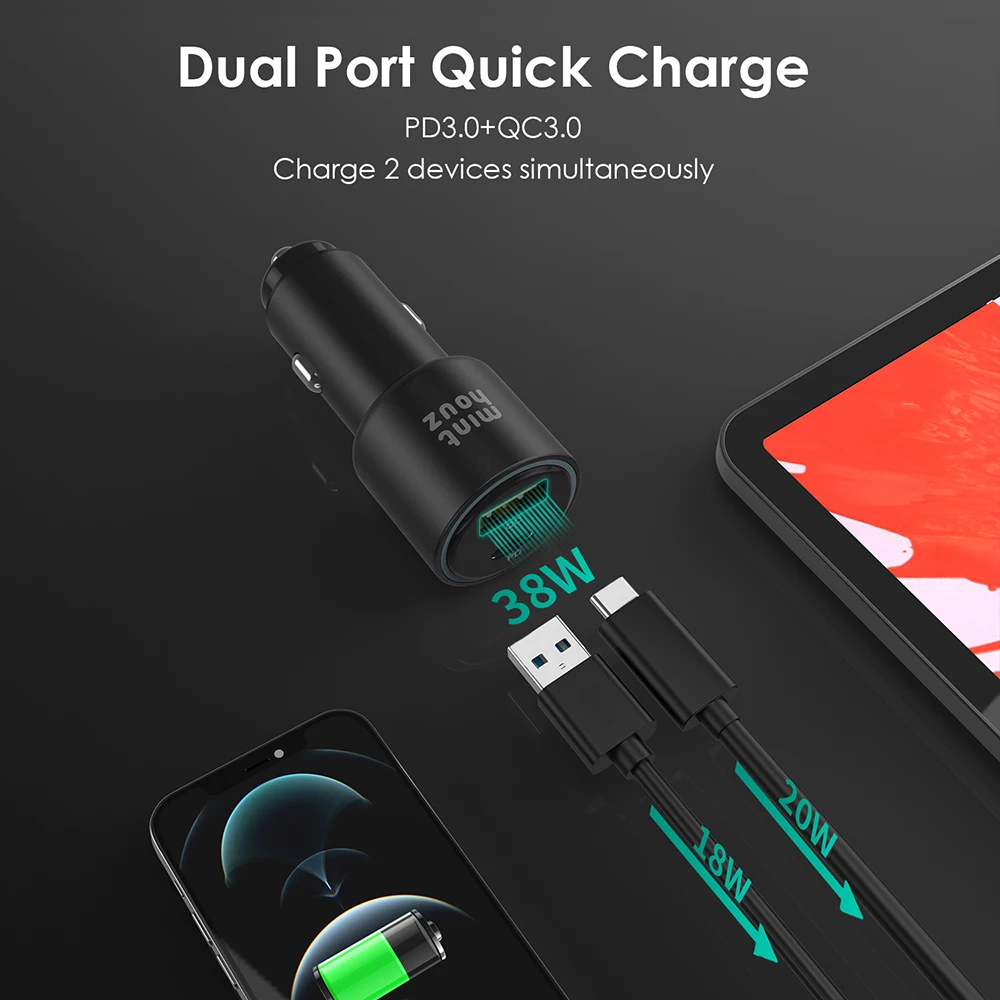 Minthouz USB C Car Charger 38W Dual Port Fast USB PD3.0&QC3.0 Type C