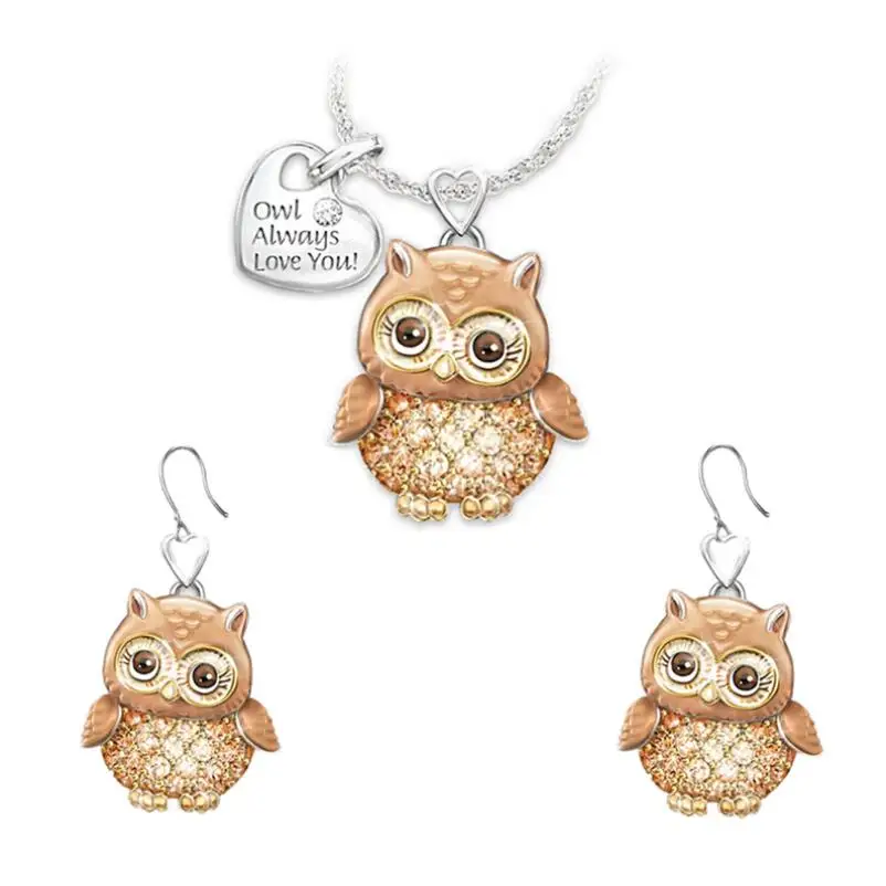 owl set Мода милый слон сова пчела ожерелье с божьей коровкой серьги начальный Сердце ожерелье символизирует любовь удачу письмо пара ювелирных изделий - Окраска металла: owl set