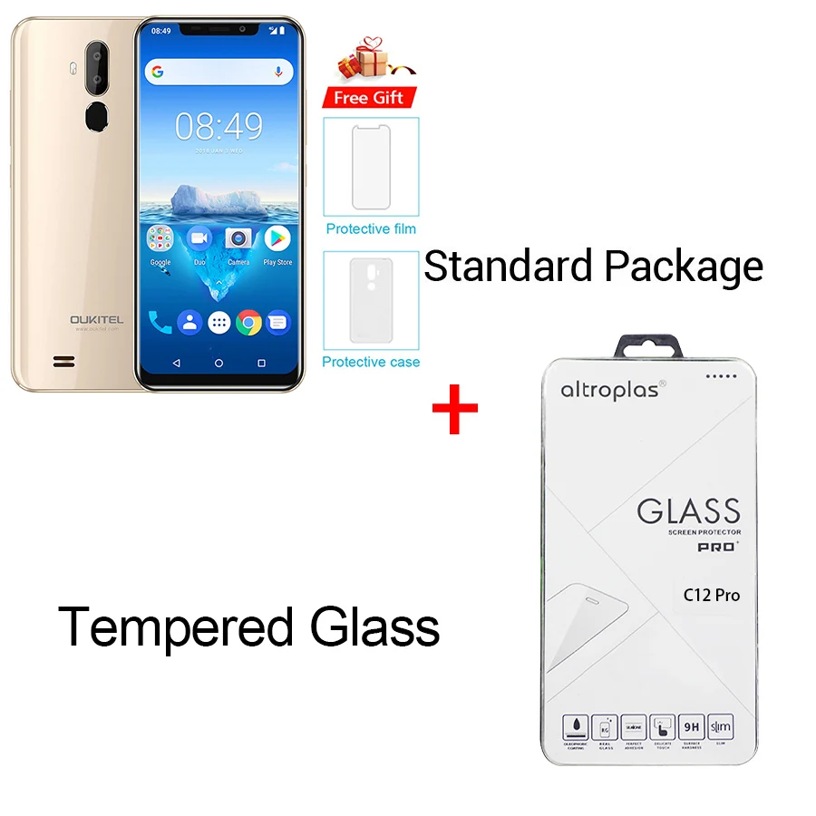 Gold N Temper Glass OUKITEL C12 Pro 4G 6,1" 19:9 Android 8,1 Face ID 3300 мАч MT6739 четырехъядерный 2 Гб ОЗУ 16 Гб ПЗУ 8МП+ 5Мп отпечаток пальца мобильный телефон - Цвет: Gold N Temper Glass