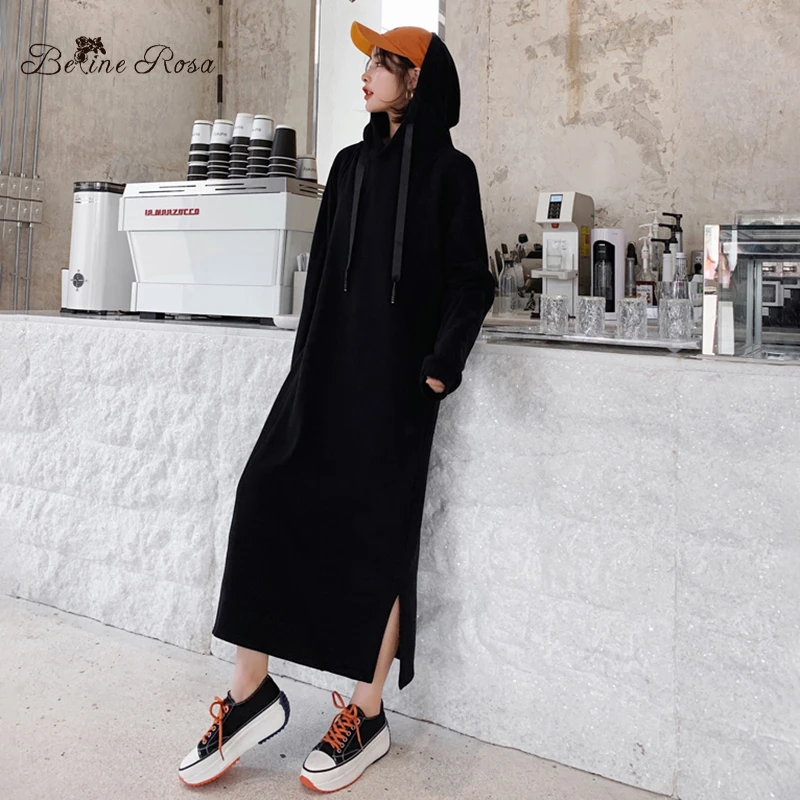

BelineRosa Minimalist Style Pure Color Plum Red Hooded Dresses Autumn Style Cotton Loose Long Hoodies Dresses TYFS0013