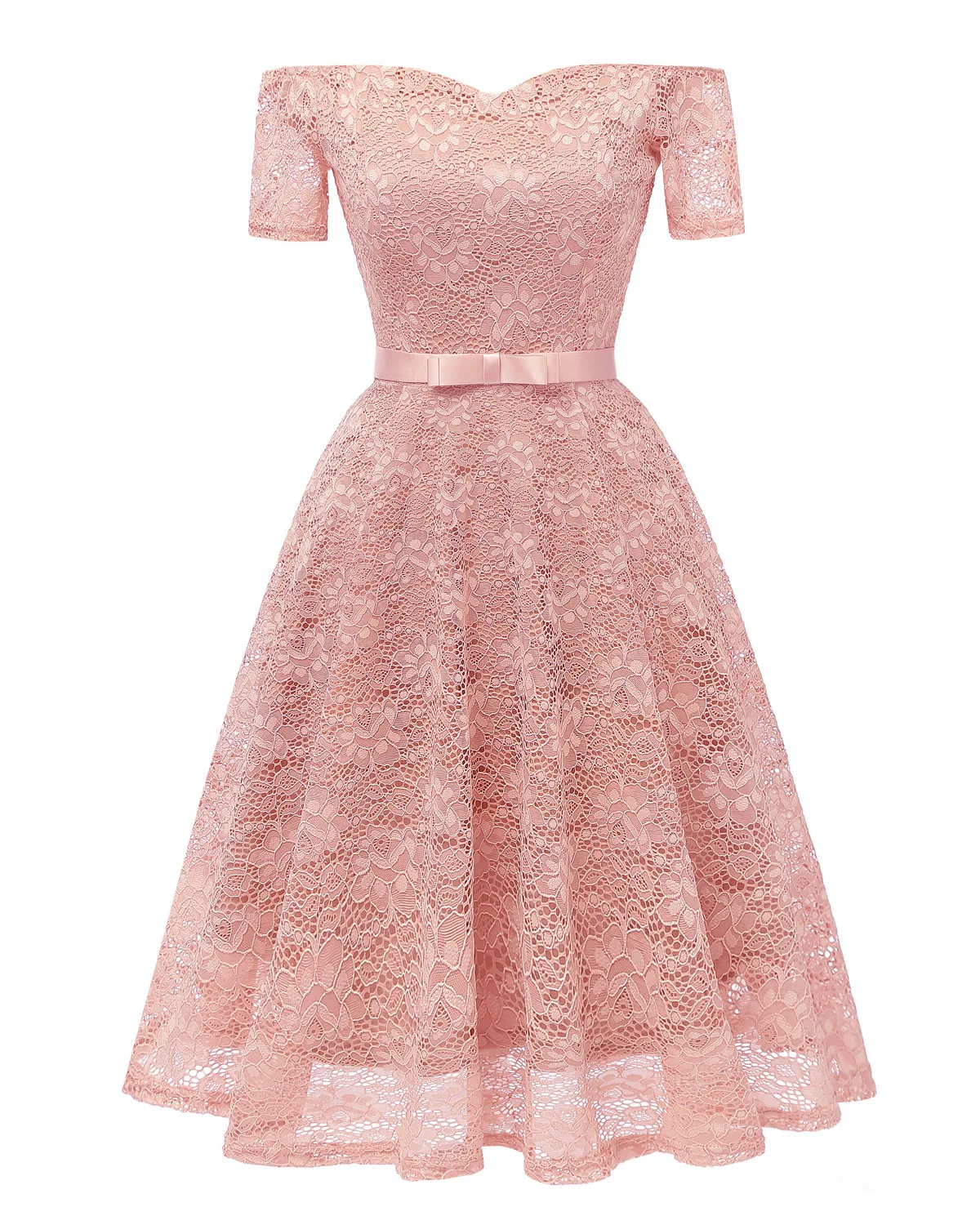 

2018 Summer Europe And America Horizontal Neck Short Sleeve Lace Retro Solid Color Big Hemline Dress Ca08