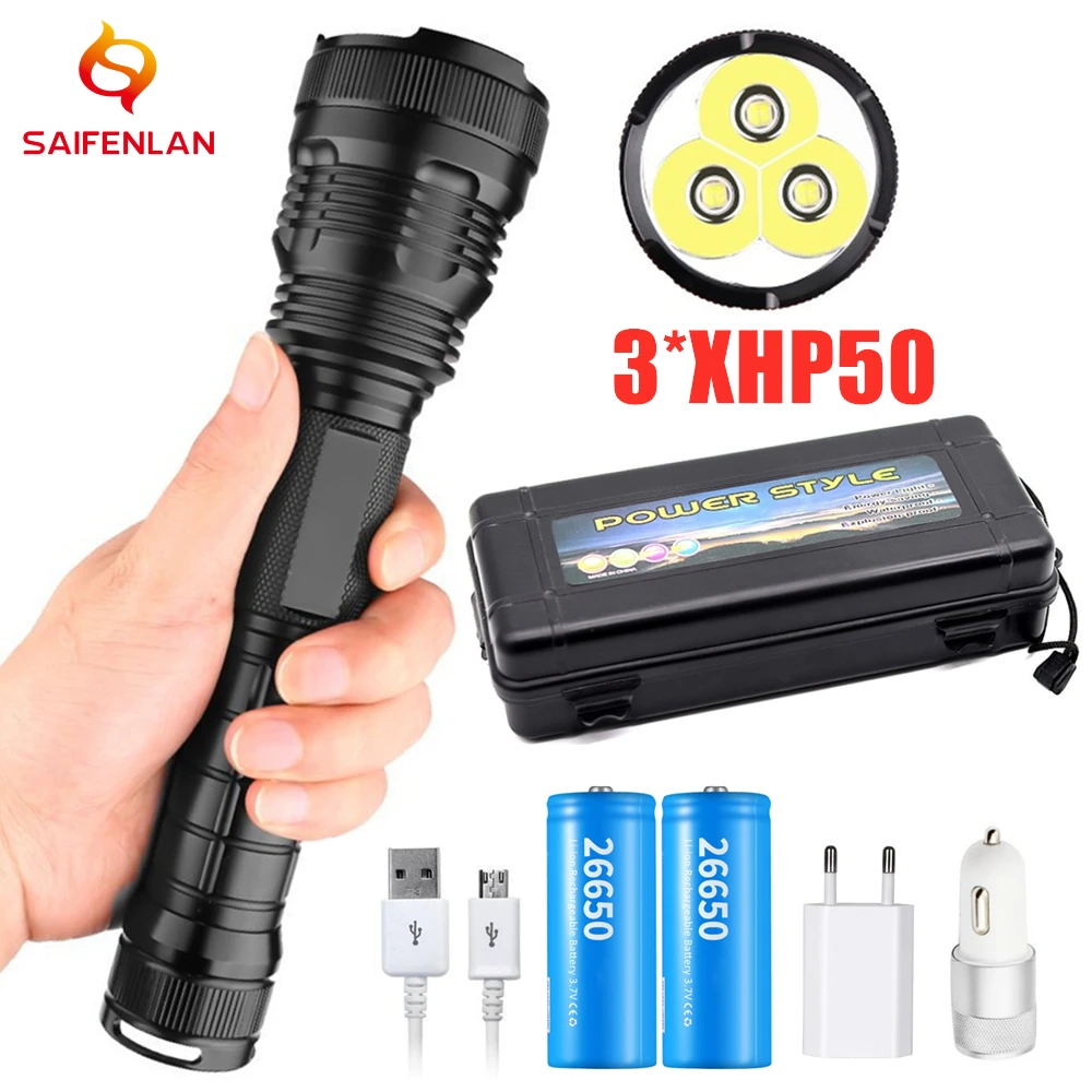 

3*XHP50 LED Flashlight 150000 lumens most powerful Flashlight 26650 USB Torch Lantern 18650 Hunting Lamp Hand Light
