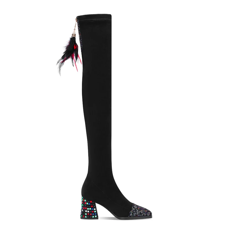 Lady Jane Ethnic Feather Decoration Femal Over The Knee High Boots Pointed Toe Colorful Crystal Heels Elastic Winter Shoes