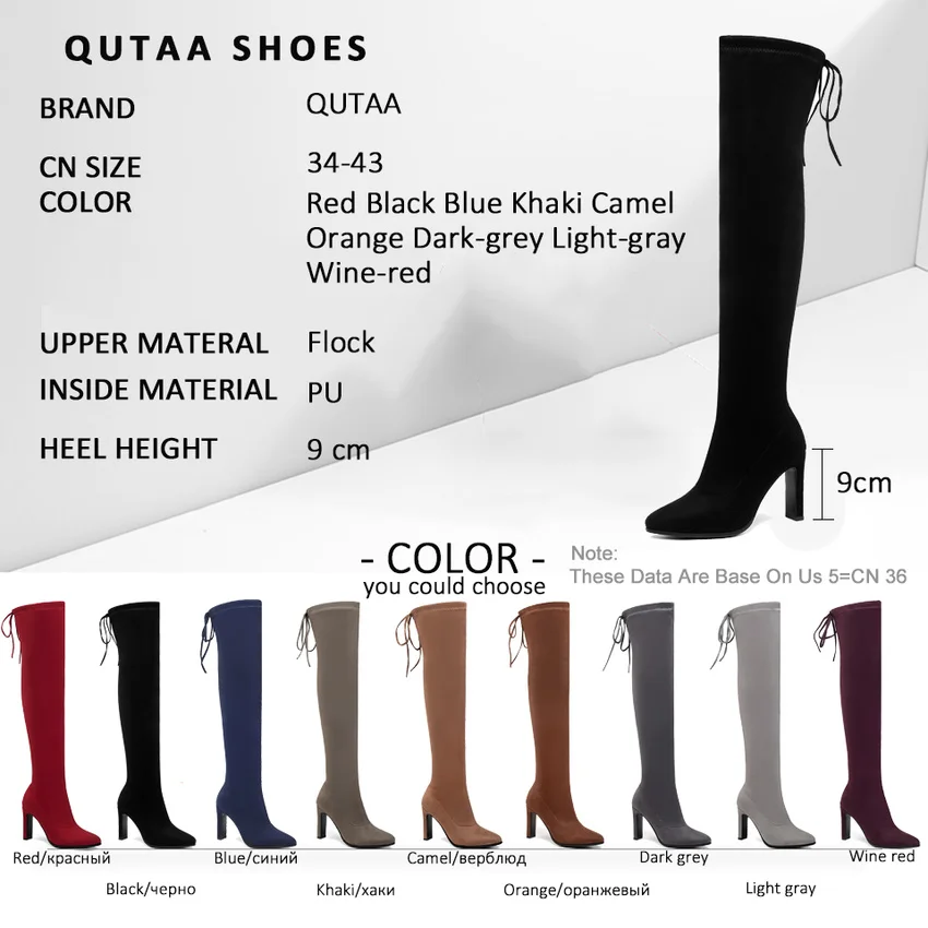 QUTAA/ г. Высокие сапоги из флока на шнуровке модные ботфорты на высоком квадратном каблуке зимняя теплая женская обувь на меху размеры 34-43