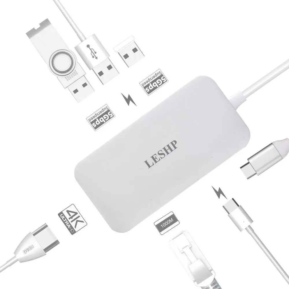 

LESHP Aluminum White Type-c to USB-3.0 3 Port HUB RJ45 Gigabit HDMI 4K PD Charging Digital AV Converter Adapter