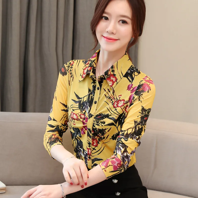 

COIGARSAM Plus Size Casual Print Shirt Womens tops New Spring Full Sleeve Chiffon Pleated Mesh Stretch Women shirts 1919