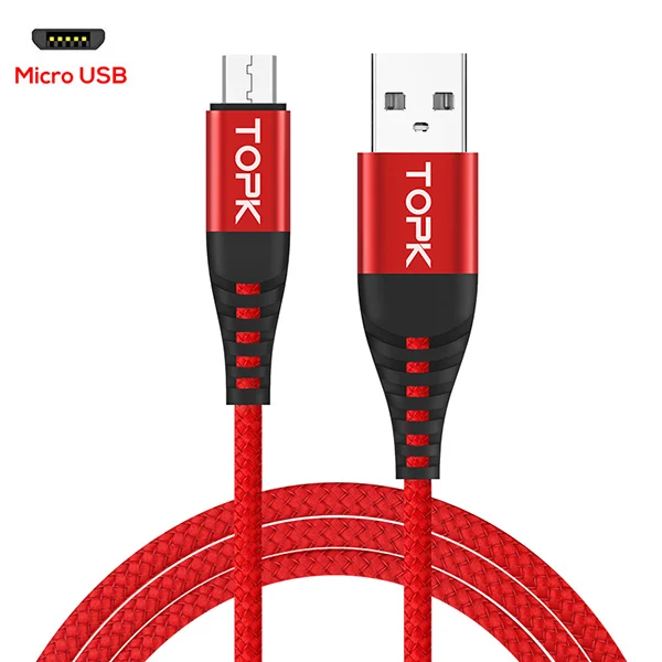 TOPK Micro USB Cable Nylon Braided Data Sync Cable for Samsung S7 Edge Xiaomi Redmi 4X Android Mobile Phone Micro Red