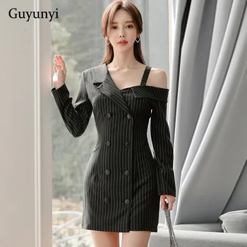 

Small Stripes Elegant Office Dress 2020 Spring Simple Comfortable Fashion Asymmetric Collar Double Breasted Women's Dresses