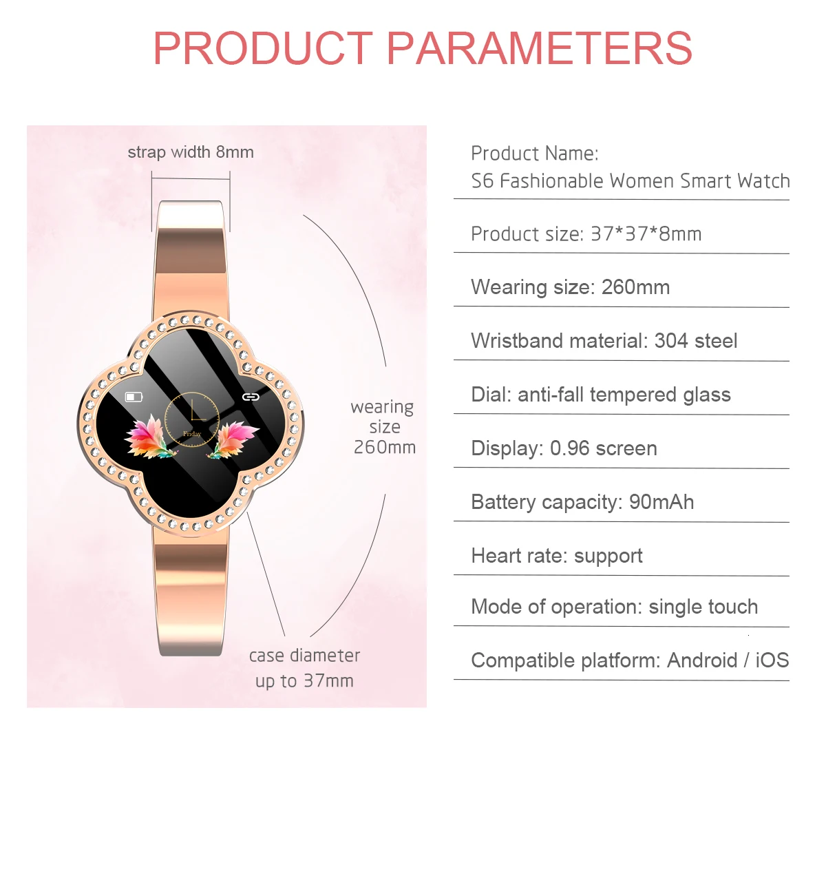 S6 Смарт-часы модные фитнес-трекер монитор сердечного ритма Bluetooth Smartwatch для женщин девушек для Android ios Телефон pk Q8 KW18