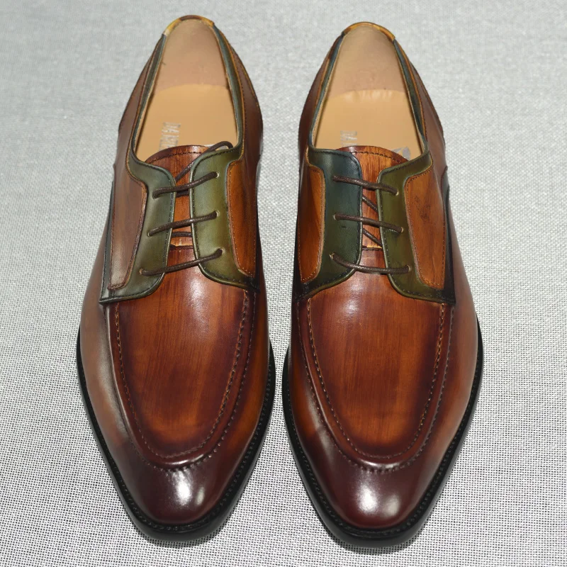 Мужские модельные туфли из натуральной кожи; итальянский дизайн; цвет коричневый; ручная полировка; свадебные туфли с острым носком