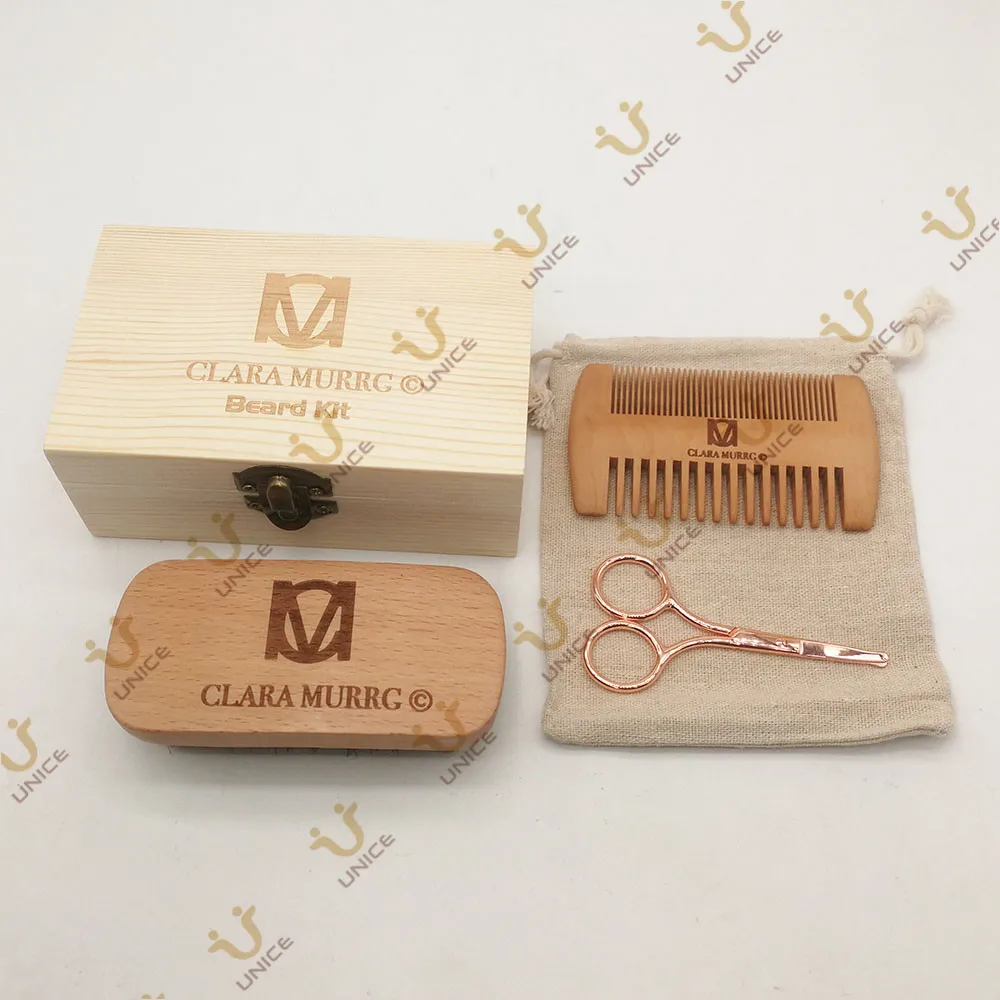 MOQ 100 шт. 4 в 1 OEM индивидуальные наборы для ухода за бородой деревянные расчески