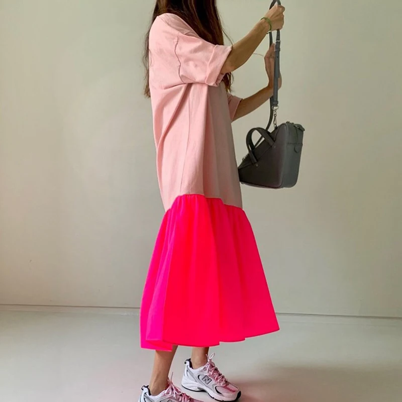 详情 (10).jpg TWOTWINSTYLE Elegant Patchwork Hit Color Dress Women O Neck Half Sleeve Oversize Casual Midi Dresses Female 2020 Summer Clothes