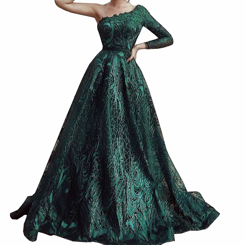 Длинное Зеленое Вечернее платье на одно плечо Vestidos de festa вечернее платье Abendkleider платье для выпускного вечера vestidos elegantes - Цвет: Зеленый