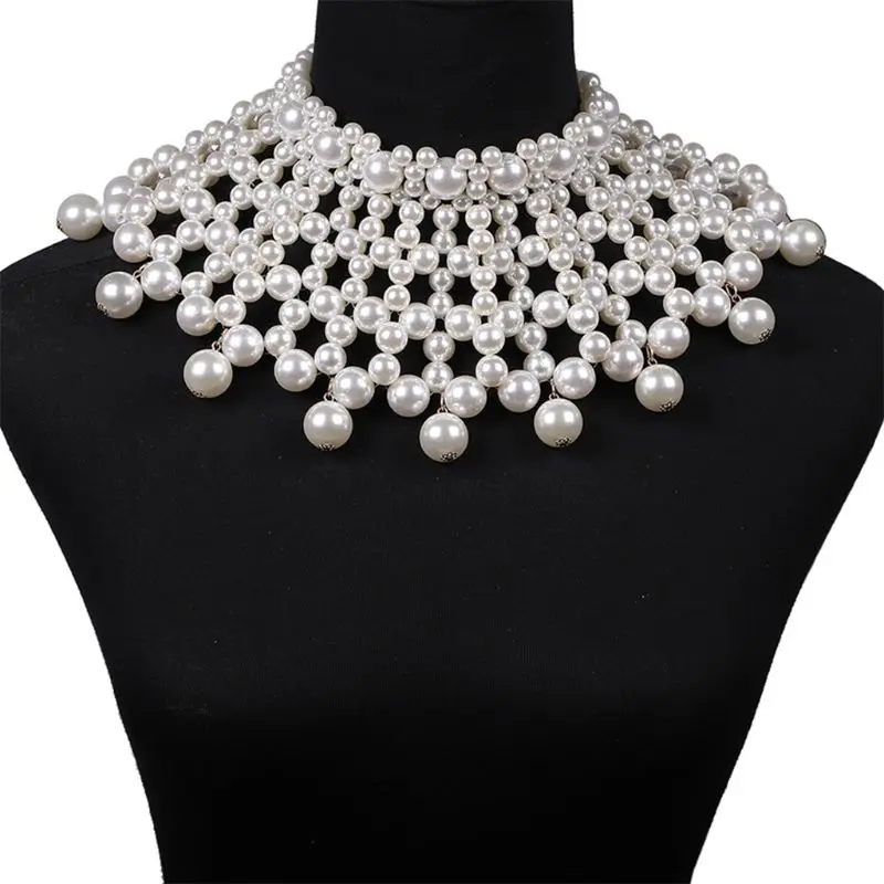 

Women Vintage Egyptian Simulated Pearl Bib Collar Necklace Statement Choker Bridal Wedding Jewelry Multi Layers Beaded Accessory